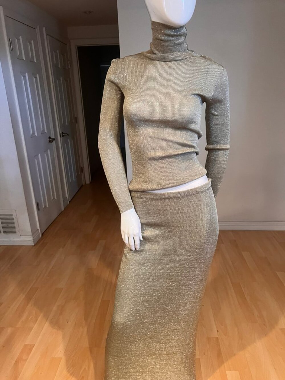 90'S ANNE KLEIN VINTAGE GOLD LUREX 3 PCS CARDIGAN TOP SKIRT SET SZ S SMALL - Picture 6 of 9